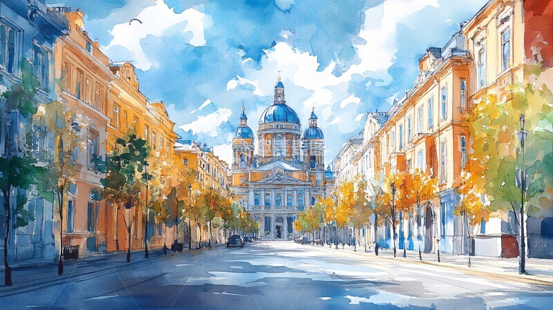 高清大图下载【趣麦麦图】城市建筑风景与桥梁的水彩画