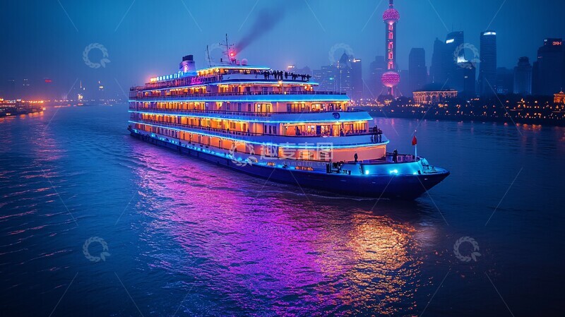 高清大图下载【趣麦麦图】城市夜景中航行的豪华游轮