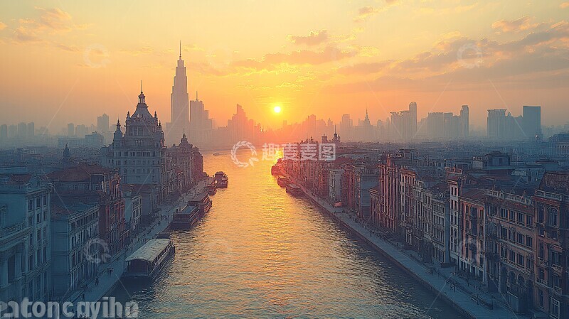 高清大图下载【趣麦麦图】夕阳下的城市河流及沿岸建筑景观2