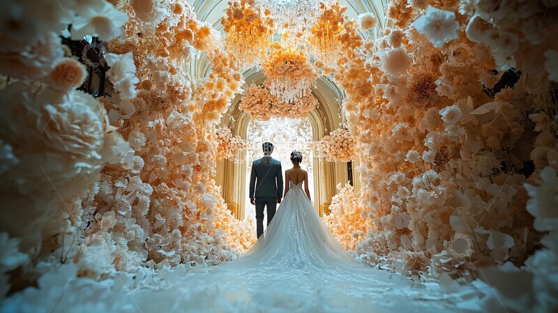 高清大图下载【趣麦麦图】新娘新郎步入豪华酒店婚礼厅1