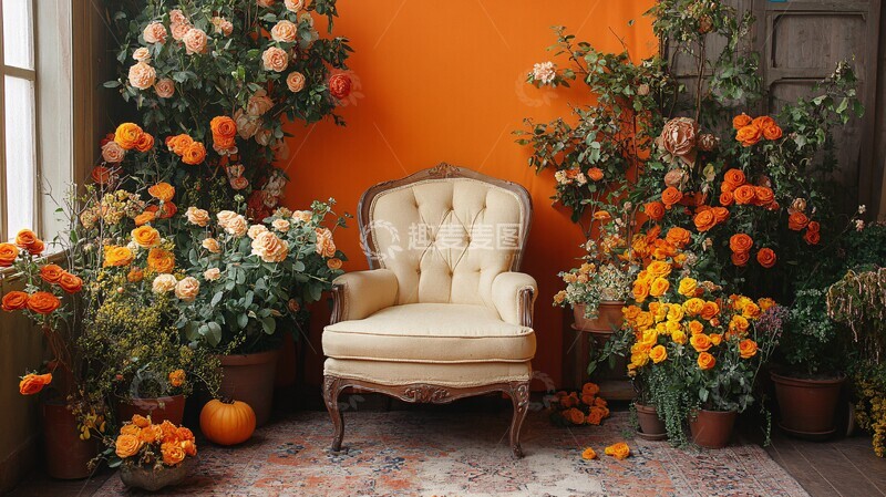 高清大图下载【趣麦麦图】橙色背景花卉植物扶手椅1