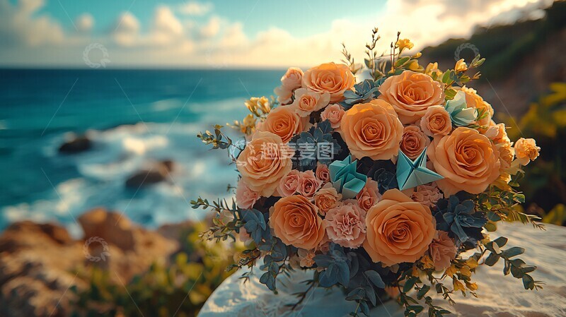 高清大图下载【趣麦麦图】海边桌上的花束与折纸标志2
