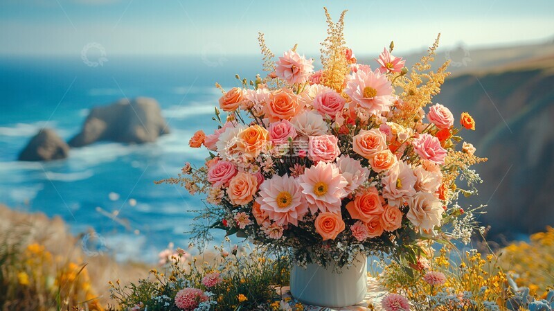 高清大图下载【趣麦麦图】海边桌上的花束与折纸标志1