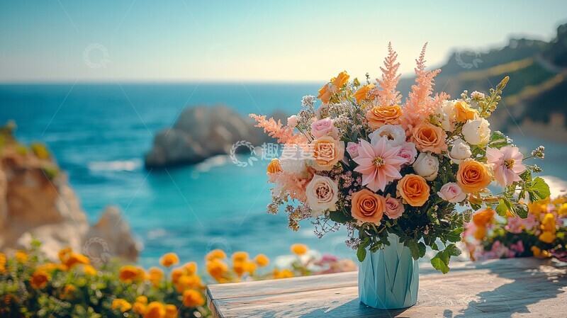 高清大图下载【趣麦麦图】海边桌上的花束与折纸标志