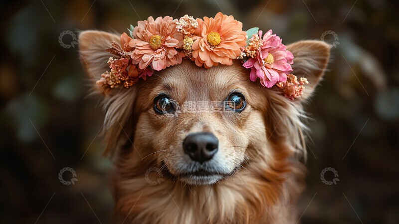 高清大图下载【趣麦麦图】狗戴花冠走过