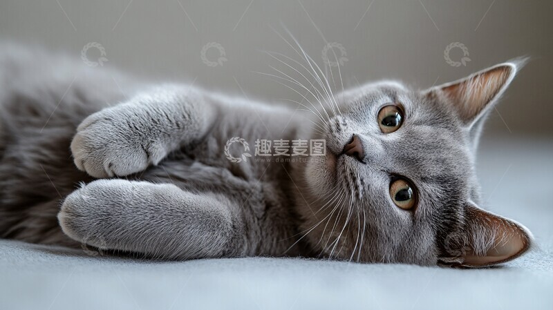 高清大图下载【趣麦麦图】灰猫翻滚玩耍1