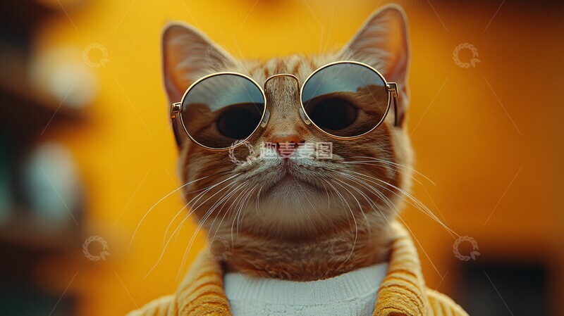 高清大图下载【趣麦麦图】戴墨镜的猫墨镜金色美学1