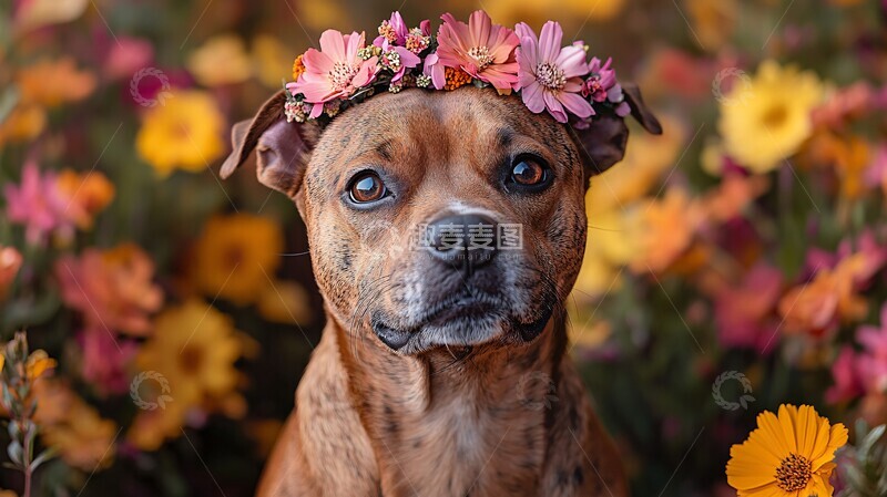 高清大图下载【趣麦麦图】狗戴花冠走过1