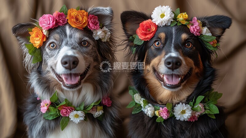 高清大图下载【趣麦麦图】两只狗佩戴彩色花环