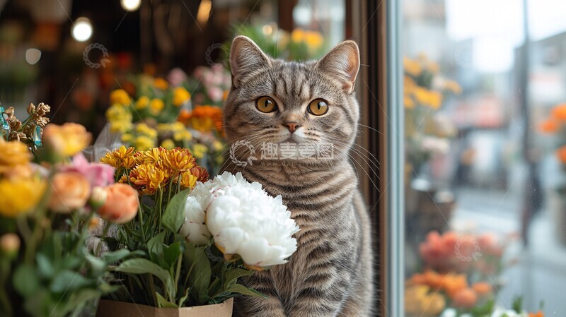 高清大图下载【趣麦麦图】英国短毛猫制作花束1