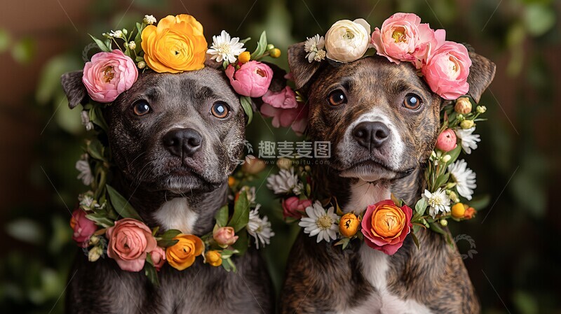高清大图下载【趣麦麦图】两只狗佩戴彩色花环2