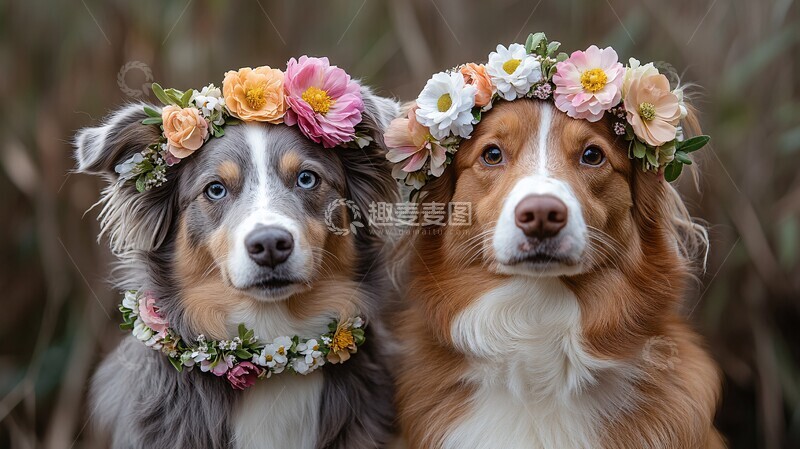 高清大图下载【趣麦麦图】两只狗佩戴彩色花环1