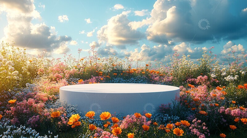 高清大图下载【趣麦麦图】白色讲台与野花云景1