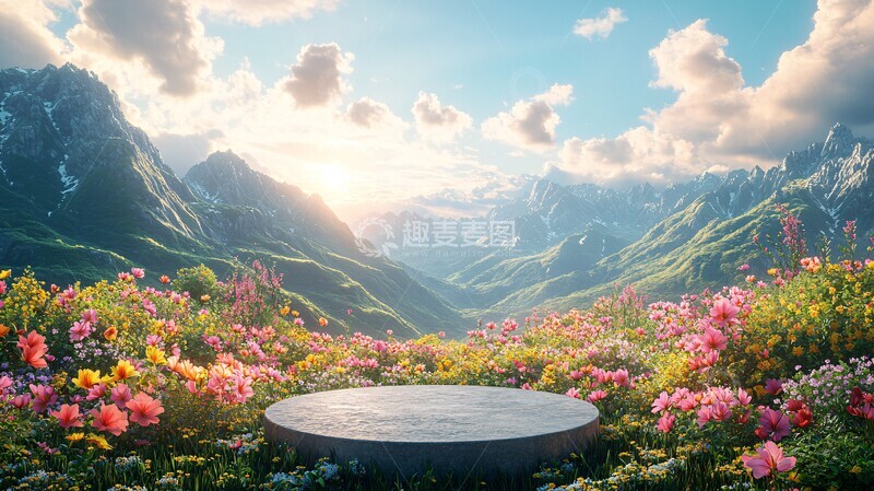 高清大图下载【趣麦麦图】绿色热带山丘与圆形舞台