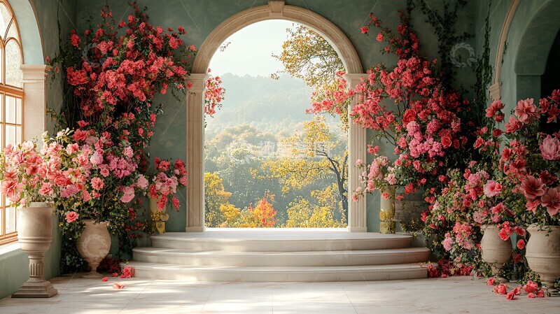 高清大图下载【趣麦麦图】拱形背景楼梯花艺1