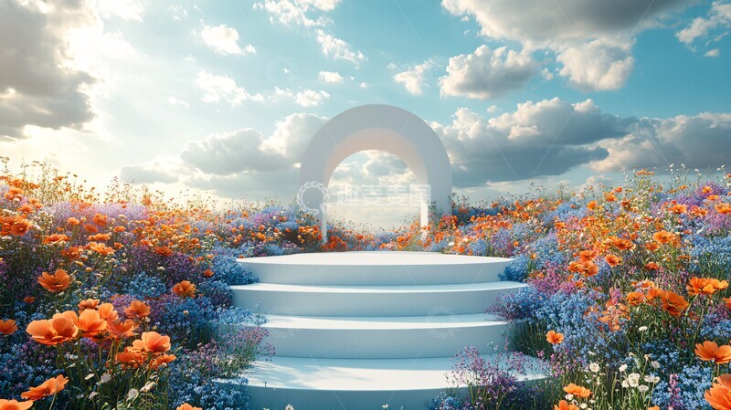 高清大图下载【趣麦麦图】白色讲台与野花云景