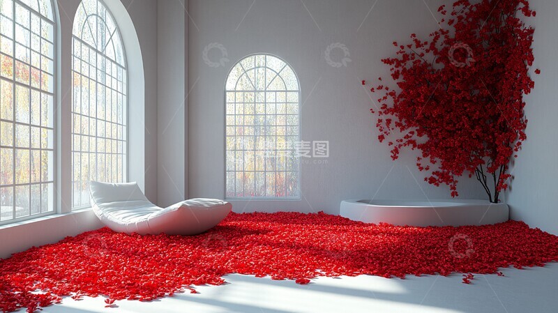 高清大图下载【趣麦麦图】红花房间与粉色窗帘1