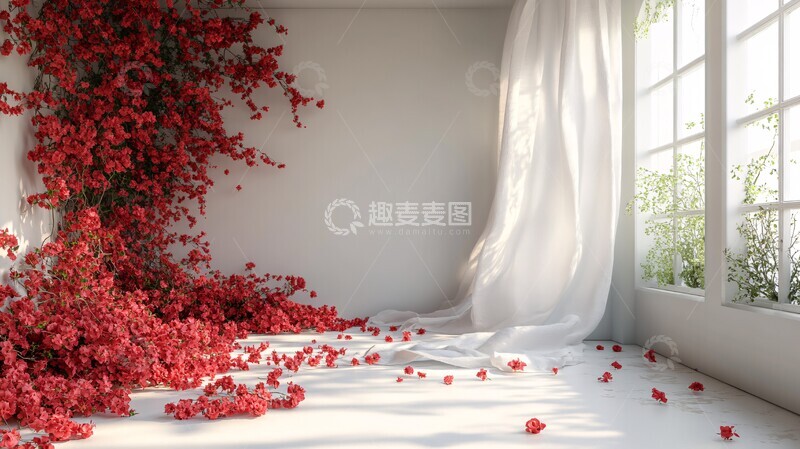 高清大图下载【趣麦麦图】红花房间与粉色窗帘2
