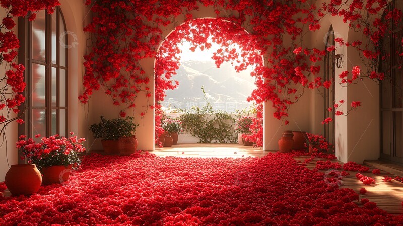 高清大图下载【趣麦麦图】红花房间与粉色窗帘