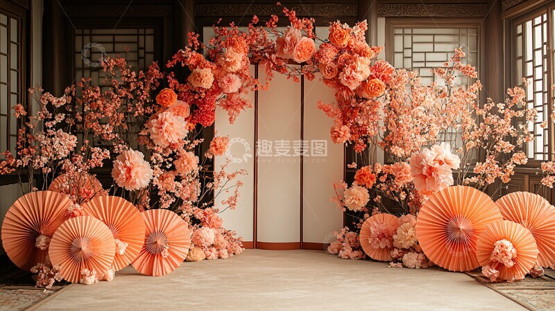 花拱门与纸扇装饰