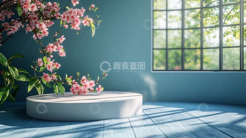 白色圆形展台与桃花2
