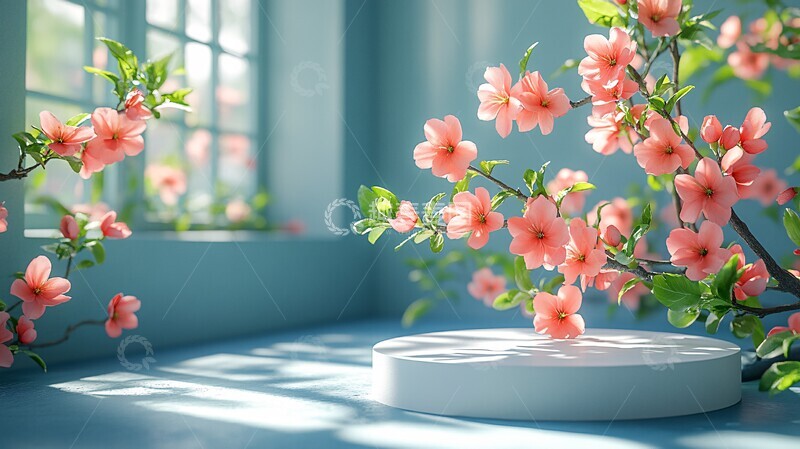 白色圆形展台与桃花