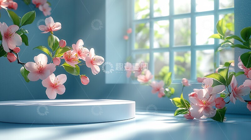 白色圆形展台与桃花1