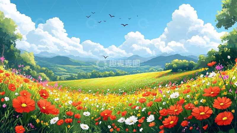 高清大图下载【趣麦麦图】蓝天白云草原野花