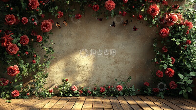 高清大图下载【趣麦麦图】玫瑰蝴蝶木地板摄影背景