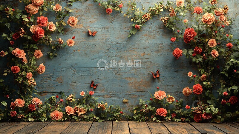 高清大图下载【趣麦麦图】玫瑰蝴蝶木地板摄影背景1
