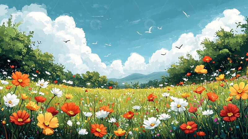 高清大图下载【趣麦麦图】蓝天白云草原野花1