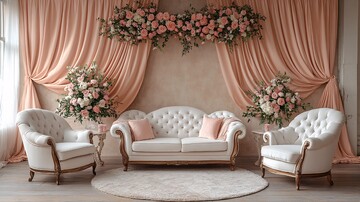 婚礼舞台背景白色沙发粉色窗帘1