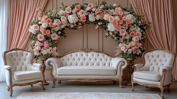 婚礼舞台背景白色沙发粉色窗帘