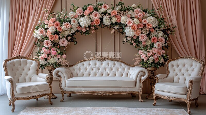高清大图下载【趣麦麦图】婚礼舞台背景白色沙发粉色窗帘