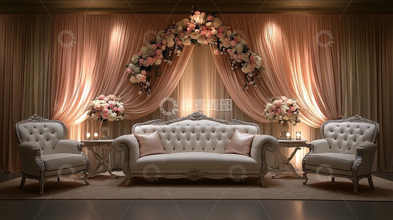 高清大图下载【趣麦麦图】婚礼舞台背景白色沙发粉色窗帘2