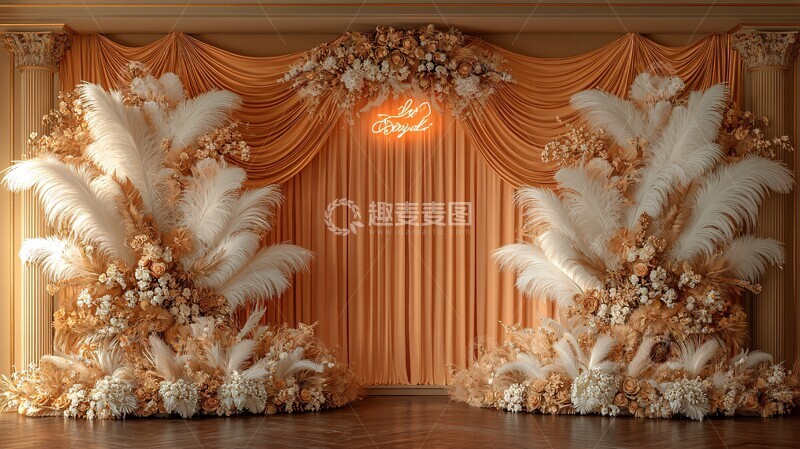 高清大图下载【趣麦麦图】金色丝绸与羽毛背景1