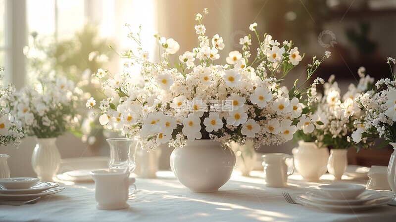 高清大图下载【趣麦麦图】婚礼场景中的白色桌布和鲜花