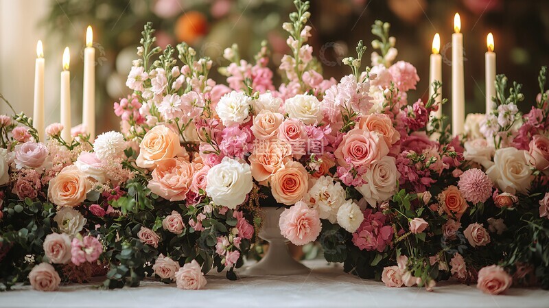高清大图下载【趣麦麦图】婚礼场景中的白色桌布和鲜花1