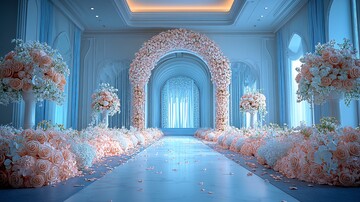 婚礼大厅白色花艺布置1