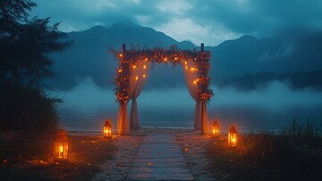 海滩婚礼装饰与晨雾