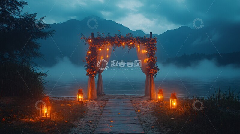 高清大图下载【趣麦麦图】海滩婚礼装饰与晨雾