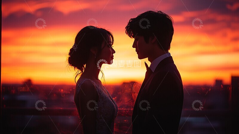 高清大图下载【趣麦麦图】新娘新郎日落对视