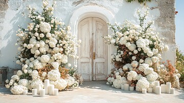 教堂门前的白花与蜡烛