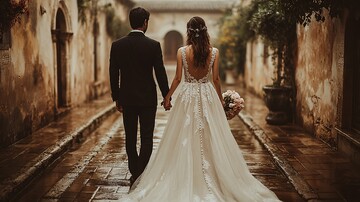 亚洲情侣婚礼背影