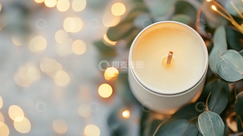 高清大图下载【趣麦麦图】蜡烛与绿叶及光斑唯美画面