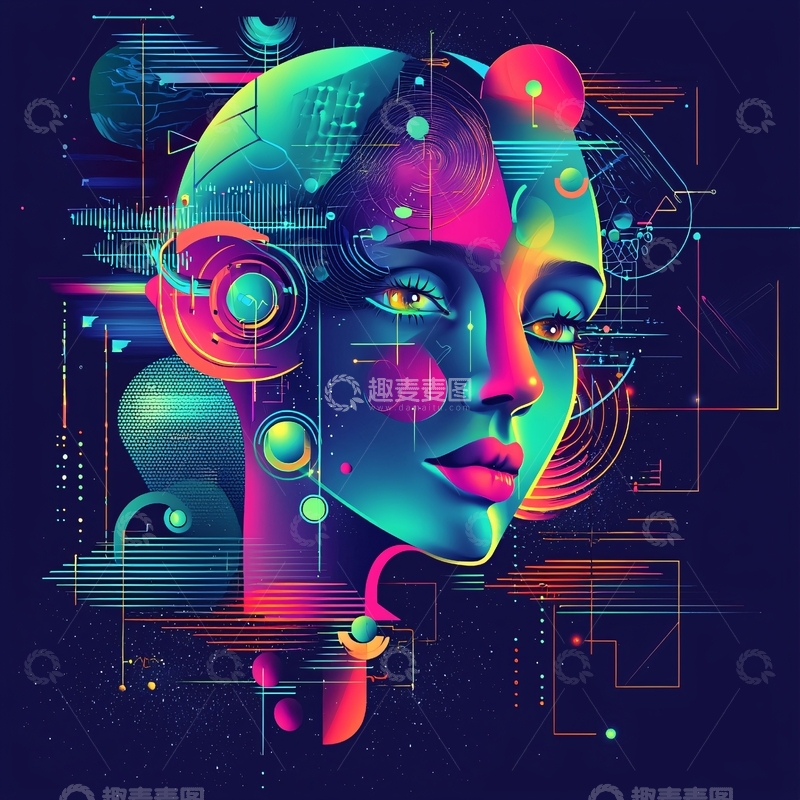高清大图下载【趣麦麦图】科技风多彩女性头像插画563