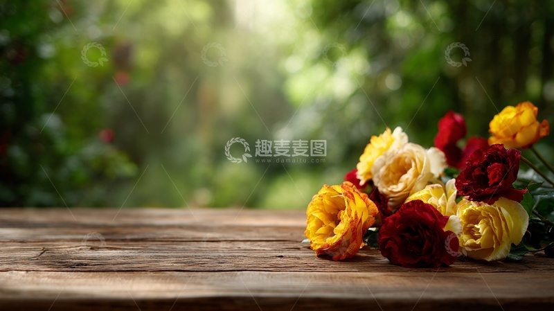 高清大图下载【趣麦麦图】-木桌上的多彩玫瑰花束045