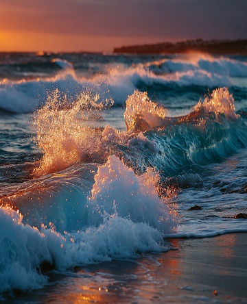 夕阳下海浪翻涌的海滨景象752