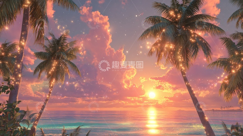 高清大图下载【趣麦麦图】-夕阳下的椰林海景201
