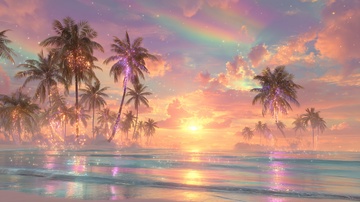 海边日落时的椰林与彩虹美景551